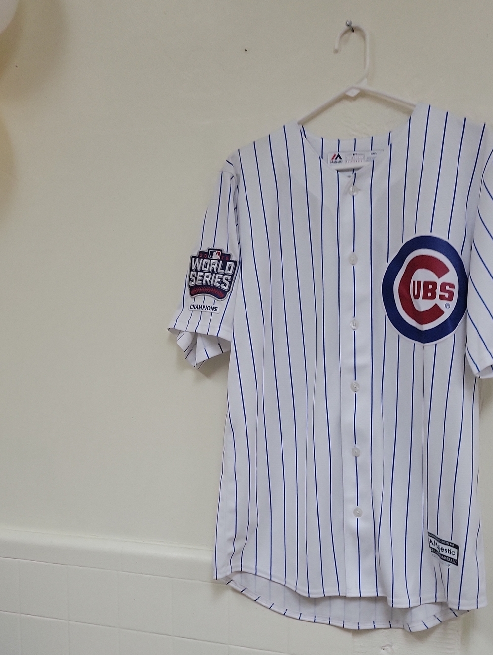 PlayeraMajestic White and Blue Pinstripe Cubs Youth Baseball Jersey